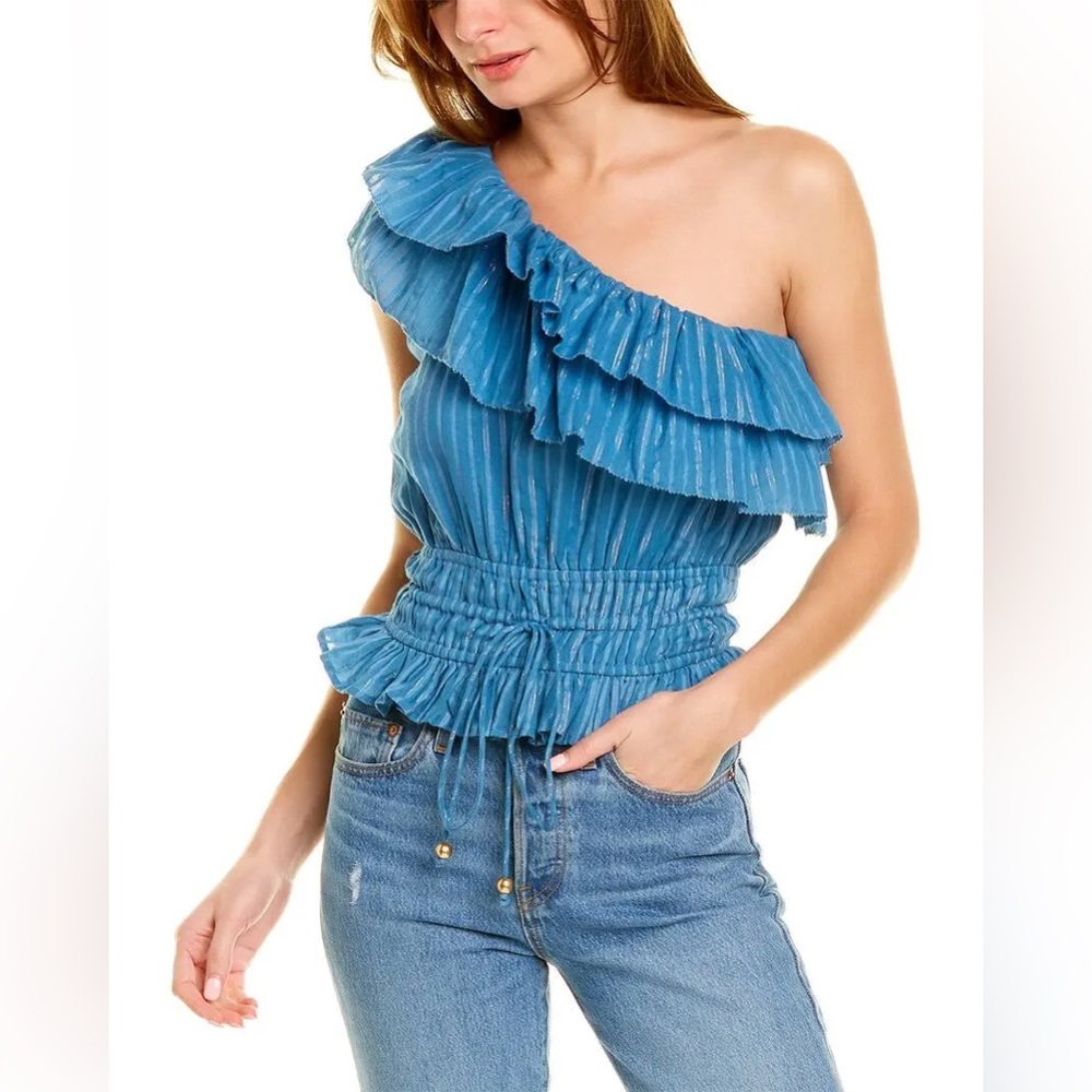 NWT Karina Grimaldi Meli One Shoulder Top Blue Gold Lurex Size L